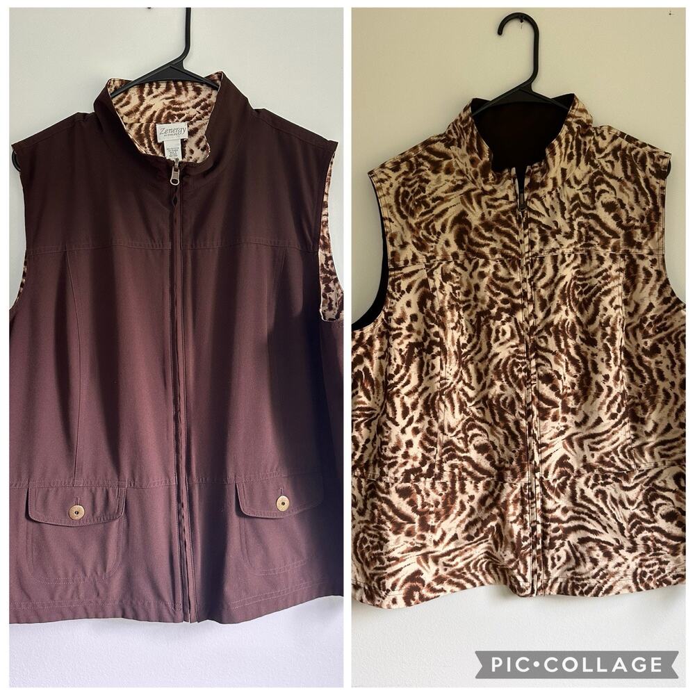 Chicos Zenergy Reversible Vest Size 3 US 16 Brown Animal Print Zip Front Light